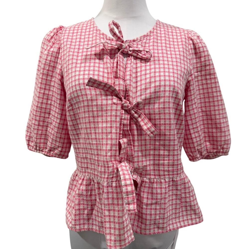 CeCe Pink Gingham Bow Front Peplum Top 6 Coquette Puff Sleeve Cottagecore